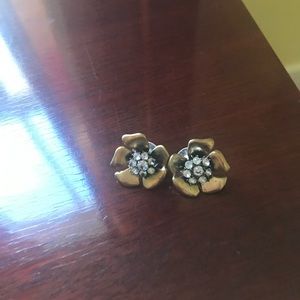 Vintage J Crew flower earrings. Antique gold tone with clear rhinestones. Signed